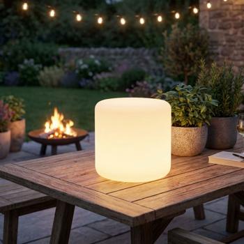Preview: Moderna lampada da tavolo LED solare cilindrica e lampada da giardino con picchetto, cambio colore RGBW, ricaricabile via USB, IP44 resistente alle intemperie – ideale per il tuo giardino