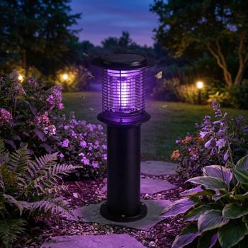 Lampe de jardin solaire avec destructeur de moustiques en acier inox, borne LED 2-en-1 noire, blanc chaud 300 lm & protection anti-insectes UV 15 lm, IP44, 25 x 60 cm