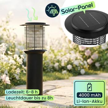 Preview: Solar Gartenlampe mit Mückenvernichter aus Edelstahl, 2in1 LED Wegeleuchte Schwarz, Warmweiss 300lm & UV Insektenschutz 15lm, IP44, 25 x 60 cm