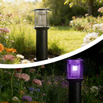 Preview: Lampe de jardin solaire avec destructeur de moustiques en acier inox, borne LED 2-en-1 noire, blanc chaud 300 lm & protection anti-insectes UV 15 lm, IP44, 25 x 60 cm
