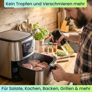 Preview: Premium Öl Sprüher & Essig Zerstäuber aus Glas 200ml – Ideal für Heissluftfritteuse, Salate & Grillen – Edle Sprühflasche 6x20cm für eine gesunde Küche im Alltag