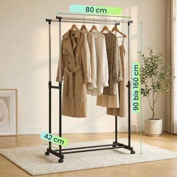 Preview: Mobiler Kleiderständer mit Doppel-Kleiderstange - 80 cm Breite - Höhenverstellbar von 90 bis 160 cm - Stabiler Garderobenständer für Ihre Kleidung