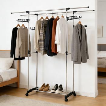 Preview: Portant à vêtements mobile avec double tringle, extensible et réglable en hauteur – portemanteau sur roulettes avec étagère à chaussures et ailes latérales de suspension
