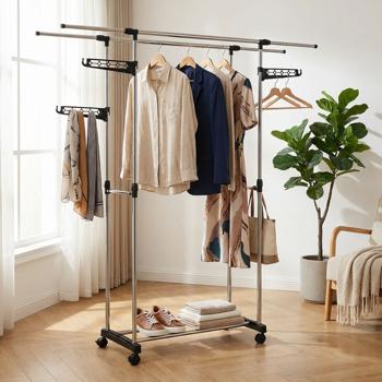 Portant à vêtements mobile avec double tringle, extensible et réglable en hauteur – portemanteau sur roulettes avec étagère à chaussures et ailes latérales de suspension