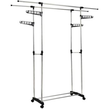 Preview: Portant à vêtements mobile avec double tringle, extensible et réglable en hauteur – portemanteau sur roulettes avec étagère à chaussures et ailes latérales de suspension