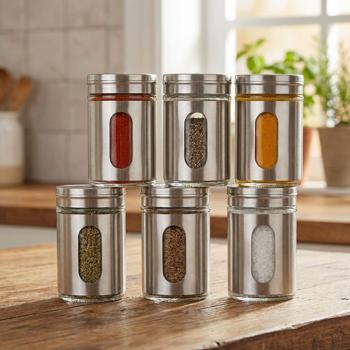Elegante spargispezie in acciaio inox con finestra di ispezione, set da 6, barattolo da 94 ml per spezie, erbe, sale, pepe, spargitore con 3 dimensioni di fori regolabili