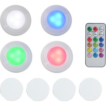 Preview: Set di 4 luci push LED con telecomando: 12 colori, cambio colore – lampade adesive per armadi, mensole, vetrine – luce notturna dimmerabile con timer