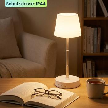 Preview: Edle LED Tischleuchte dimmbar & aufladbar: Akku Nachttischlampe modern, Höhe verstellbar, warmweiss - kabellose Leselampe in Edelstahl-Design