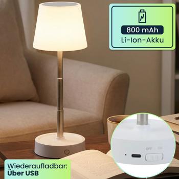 Preview: Edle LED Tischleuchte dimmbar & aufladbar: Akku Nachttischlampe modern, Höhe verstellbar, warmweiss - kabellose Leselampe in Edelstahl-Design