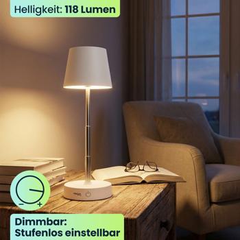 Preview: 2er-Set Edle LED Tischleuchte dimmbar & aufladbar: Akku Nachttischlampe modern, Höhe verstellbar, warmweiss - kabellose Leselampe in Edelstahl-Design
