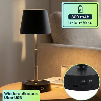Preview: Edle LED Tischleuchte dimmbar & aufladbar: Akku Nachttischlampe modern, Höhe verstellbar, warmweiss - kabellose Leselampe in Edelstahl-Design