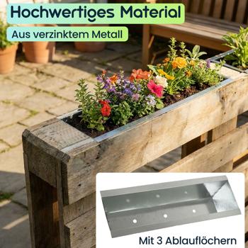 Preview: 8er-Set Premium Pflanzkasten für Europaletten aus verzinktem Metall, Paletteneinsatz mit 3 Ablauflöchern, Blumenkasten für Palettenmöbel, Silber