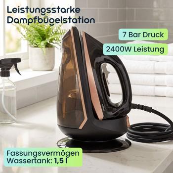 Preview: Leistungsstarke Dampfbügelstation, 7 Bar, 2400W, schwarz – Keramik Bügelsohle, Anti-Kalk, Selbstreinigung, schnelles & effektives Bügeln