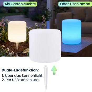 Preview: 2er-Set Moderne LED Solar Zylindrische Tischlampe & Gartenleuchte mit Erdspiess, RGBW Farbwechsel, USB aufladbar, IP44 wetterfest 