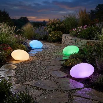 4 lampes de jardin solaires élégantes IP44 – pierres décoratives avec piquet, lumière blanc chaud et colorée – résistantes aux intempéries, 22,4 cm