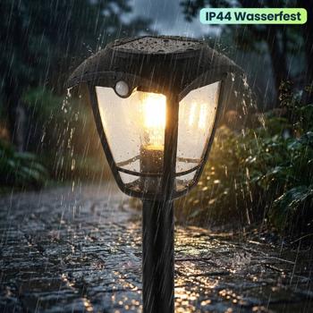 Preview: 2er-Set Solar-LED-Gartenlaterne mit PIR Bewegungssensor 90° & 6m Reichweite, IP44 Wasserfest, E27 Filament Lampe, 3 Modi, 111,5 cm, Aussenleuchte