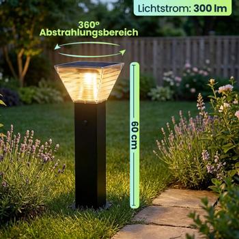 Preview: 4er-Set Premium Solar Säulen-Wegeleuchte 60cm aus Aluminium in Schwarz, 300lm, IP65 wasserfest, 360° Abstrahlung, 2 Lichtfarben & Leuchtmodi, Gartenlampe
