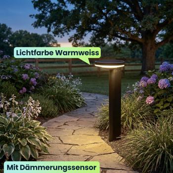 Preview: 4er-Set Premium Solar Säulen-Wegeleuchte aus Aluminium in Schwarz, 300lm helle SMD-LEDs, Dämmerungssensor, wetterfeste Gartenlampe modern