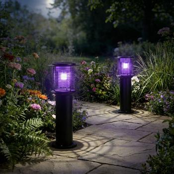 2 lampes de jardin solaires en acier inoxydable avec destructeur de moustiques, balises LED 2 en 1, lumière blanc chaud 300 lm, UV de 15 lm contre les insectes, IP44, 25 x 60 cm