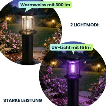 Preview: 4er-Set Solar Gartenlampe mit Mückenvernichter aus Edelstahl, 2in1 LED Wegeleuchte Schwarz, Warmweiss 300lm & UV Insektenschutz 15lm, IP44, 25 x 60 cm