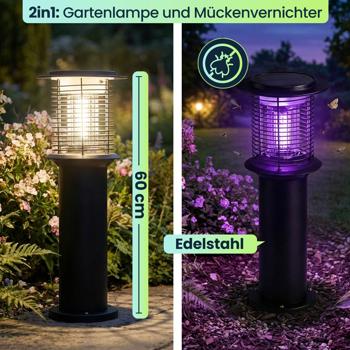 Preview: 4er-Set Solar Gartenlampe mit Mückenvernichter aus Edelstahl, 2in1 LED Wegeleuchte Schwarz, Warmweiss 300lm & UV Insektenschutz 15lm, IP44, 25 x 60 cm