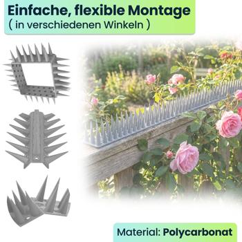 Preview: 12er Set Taubenspikes Grau 5,4m - Effektive Vogelabwehr aus Polycarbonat - 3-reihige Abwehrspikes gegen Tauben, Möwen, Marder, Katzen & Eichhörnchen