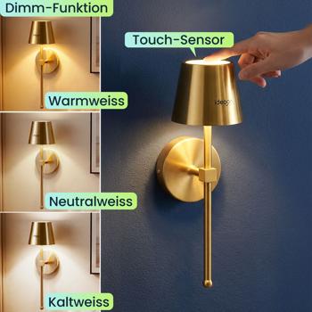 Preview: Elegante LED Wandleuchte kabellos mit Fernbedienung: Akku Wandlampe dimmbar in Gold, USB aufladbar mit Timer & Touch-Sensor