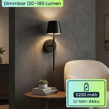 Preview: Elegante LED Wandleuchte kabellos mit Fernbedienung: Akku Wandlampe dimmbar in Schwarz, USB aufladbar mit Timer & Touch-Sensor