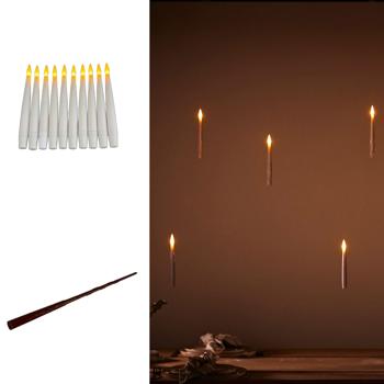 Preview: Schwebende LED Kerzen (10er Set) mit Zauberstab-Fernbedienung – Magische Hänge-Deko für Mottoparty, Halloween, Weihnachten – Warmweiss Flackernd