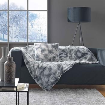 Preview: Set da 2: coperta super morbida 180 x 220 cm e cuscino decorativo soffice 45 x 45 cm effetto pelliccia, grigio - Per ore accoglienti sul divano
