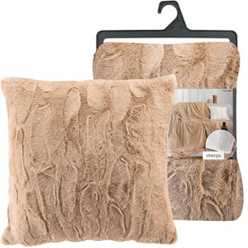 Preview: Ensemble de 2 couverture douillette pour canapé 125 x 150 cm & coussin moelleux 45 x 45 cm aspect fourrure, couleur sable - Pour des moments cocooning sur le canapé