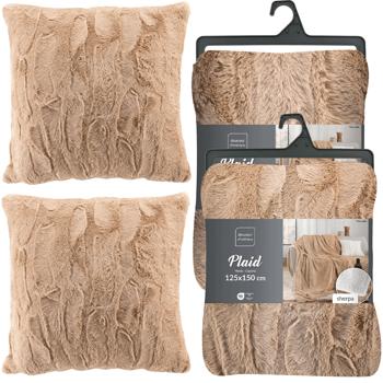 4er-Set Kuschelige Sofadecken 180 x 220 cm & 125 x 150 cm und 2 Flauschige Kuschelkissen 45 x 45 cm in Felloptik, Sandfarbe - Für Wohlfühl-Momente