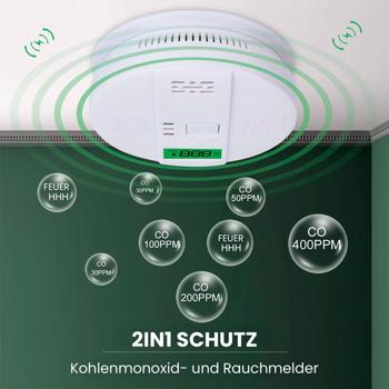 Preview: 3er-Set Sicherer CO & Rauchmelder Kombigerät Air-Guard Duo, 85dB. Zuverlässiger Brand- & Kohlenmonoxidalarm mit digitalem LCD, Test- & Stummschaltfunktion