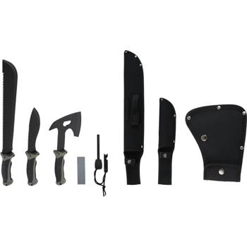 Preview: Set survival – accetta, coltello & machete con 3 foderi da cintura, pietra per affilare & firesteel professionale con raschietto – per outdoor, campeggio e avventura
