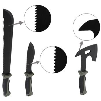 Preview: Set survival – accetta, coltello & machete con 3 foderi da cintura, pietra per affilare & firesteel professionale con raschietto – per outdoor, campeggio e avventura