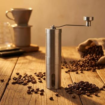 Robusto macinacaffè manuale in acciaio inox con macina in ceramica, regolazione continua del grado di macinatura, manovella rimovibile, macinacaffè manuale per espresso e caffè filtro
