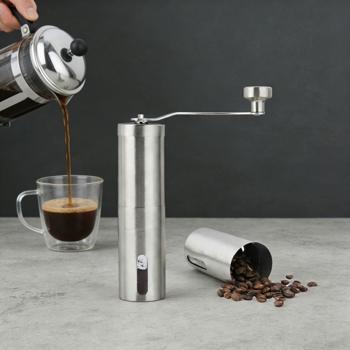 Preview: Robusto macinacaffè manuale in acciaio inox con macina in ceramica, regolazione continua del grado di macinatura, manovella rimovibile, macinacaffè manuale per espresso e caffè filtro