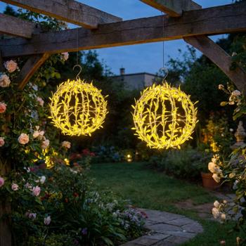 Lot de 2 sphères lumineuses solaires motif feuilles - boule de jardin Ø20 cm avec 72 LED blanc chaud - luminaire extérieur IP44 incl. pique de sol, crochet en S et panneau solaire