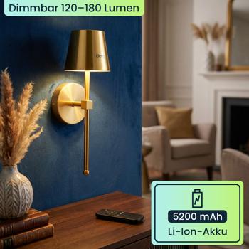 Preview: 2er-Set Elegante LED Wandleuchte kabellos mit Fernbedienung: Akku Wandlampe dimmbar in Gold, USB aufladbar mit Timer & Touch-Sensor