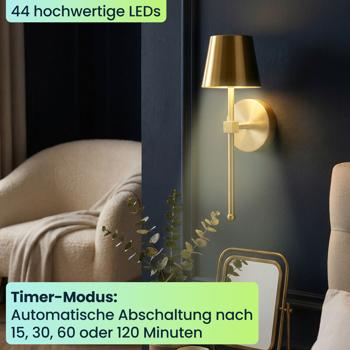Preview: 2er-Set Elegante LED Wandleuchte kabellos mit Fernbedienung: Akku Wandlampe dimmbar in Gold, USB aufladbar mit Timer & Touch-Sensor