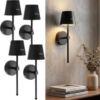 Set da 4 eleganti applique LED senza fili con telecomando: lampada da parete a batteria dimmerabile nera, ricaricabile via USB con timer e sensore touch