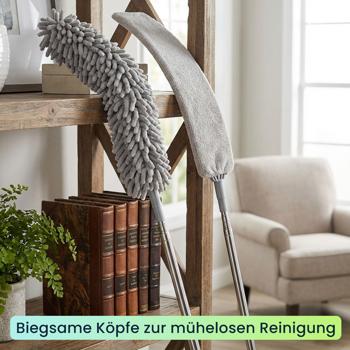 Preview: Profi 5in1 Staubwedel Set mit Teleskopstange 210cm ausziehbar, biegsamer Mikrofaser Staubwischer für Deckenventilatoren, Möbel & hohe Ecken