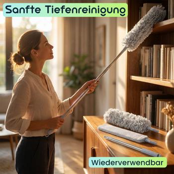 Preview: Profi 5in1 Staubwedel Set mit Teleskopstange 210cm ausziehbar, biegsamer Mikrofaser Staubwischer für Deckenventilatoren, Möbel & hohe Ecken