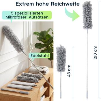 Preview: Profi 5in1 Staubwedel Set mit Teleskopstange 210cm ausziehbar, biegsamer Mikrofaser Staubwischer für Deckenventilatoren, Möbel & hohe Ecken