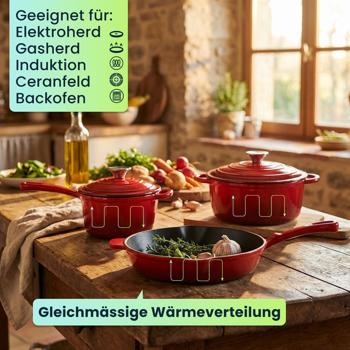 Preview: Profi Gusseisen Topfset 3-teilig, Set aus Pfanne, Kochtopf und Stielkasserolle, Emailliertes Kochgeschirr für alle Herdarten, Induktion & Backofen