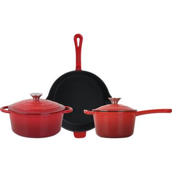 Preview: Set professionale di pentole in ghisa 3 pezzi, set composto da padella, pentola e casseruola con manico, stoviglie smaltate per tutti i tipi di piani cottura, induzione e forno