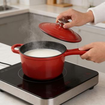 Preview: Casseruola in ghisa con coperchio rossa, Ø 17 cm, volume 1,6 litri, pentola per salse di alta qualità per tutti i tipi di piano cottura e induzione, 17x10 cm, 2,65 kg