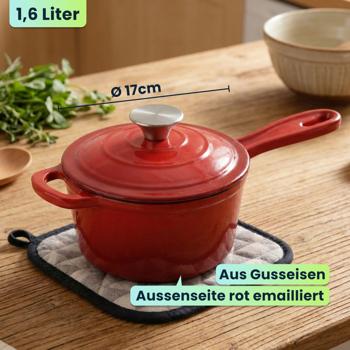 Preview: Gusseisen Stielkasserolle mit Deckel Rot, Ø 17cm, 1,6 Liter Volumen, hochwertiger Saucentopf für alle Herdarten & Induktion, 17x10 cm, 2,65kg