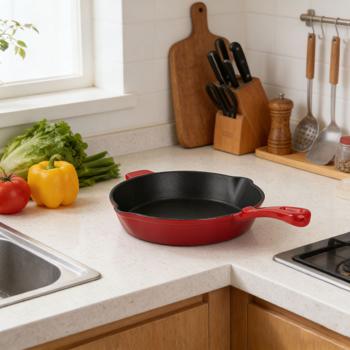 Preview: Padella in ghisa rossa Ø 26,3 cm con beccucci, padella per friggere in ghisa di alta qualità per induzione, padella grill smaltata per carne e verdure, 26 cm