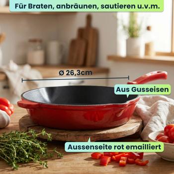 Preview: Gusseisen Pfanne Rot Ø 26,3 cm mit Ausgiesser, hochwertige Bratpfanne aus Guss für Induktion, Grillpfanne emailliert für Fleisch und Gemüse, 26 cm